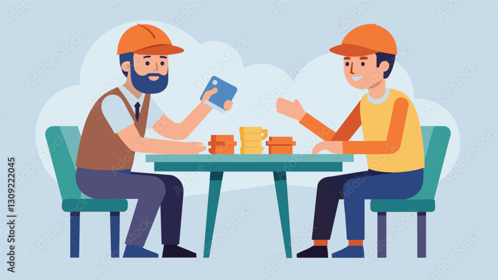 Poster two workers playing a game of cards on a makeshift table enjoying a friendly competition during thei