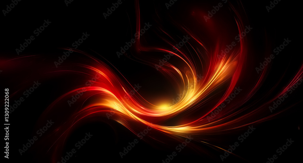 Poster Abstract glowing curves of red and yellow intertwine against a stark black backdrop, suggesting intense heat and dynamic motion in an abstract design.