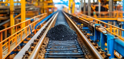 Obraz premium Powerful conveyor belt transporting raw coal in an industrial setting