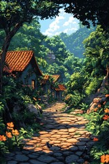 Fototapeta premium Sunlit stone path winds through lush tropical village