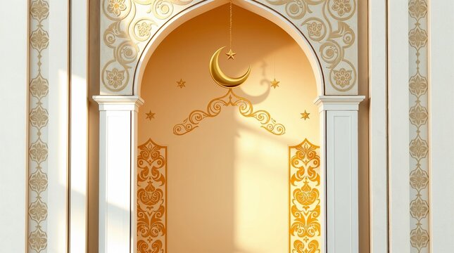 Intricate Mihrab Design: A beautifully crafted mihrab with ornate detailing, featuring a crescent moon and star pendant, radiating serenity and spiritual significance.