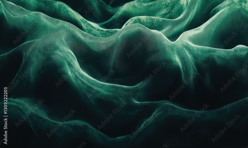Poster luxurious velvet fabric in deep emerald green with smooth ripples illuminated by diffused light emph