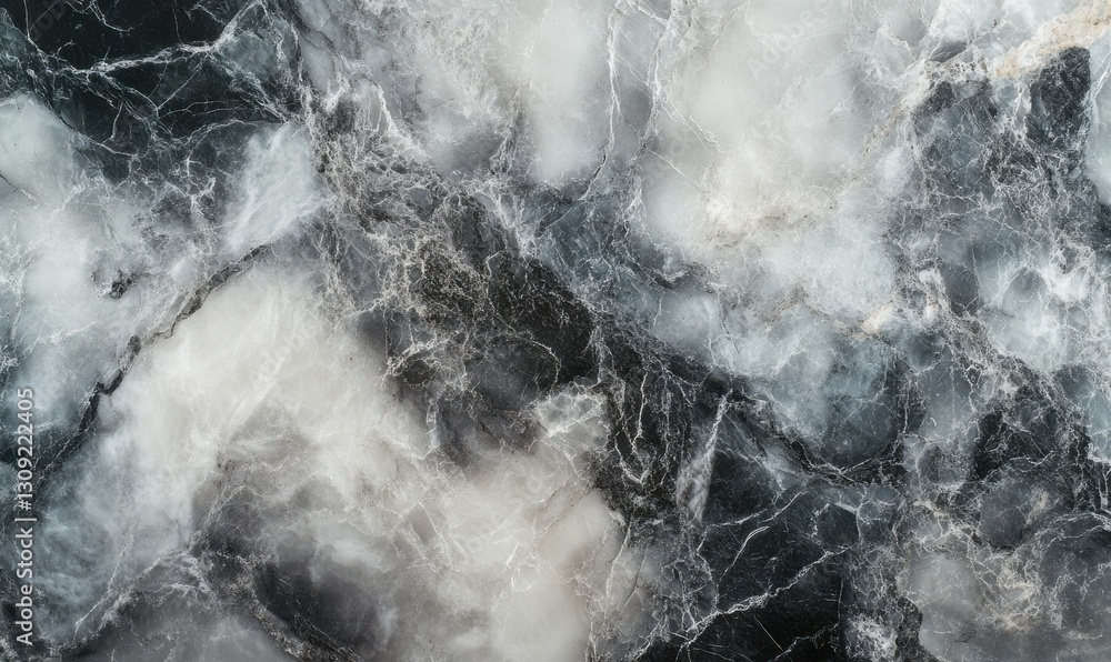 Poster macro shot of a smooth marble texture with swirling dark gray and white patterns, illuminated by sof