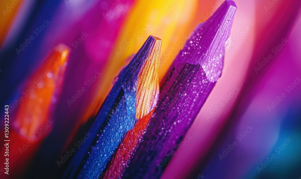 Poster macro shot of colorful pencils illuminated by soft natural light creating a vibrant and dynamic arti