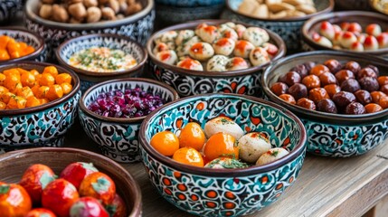 Assorted Colorful Marinated Foods in Decorative Bowls