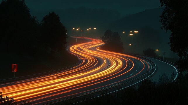 An abstract image of road at night. Dynamic light on the trail. A highway with a generative night. A conceptual depiction of a lifestyle nighttime road.
