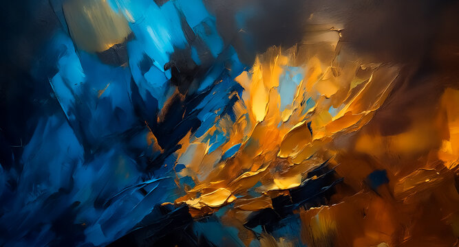 Abstract artwork featuring dynamic brushstrokes with a captivating contrast of deep blues and vibrant oranges. The painting exudes texture and movement, creating a visually striking and expressive pie