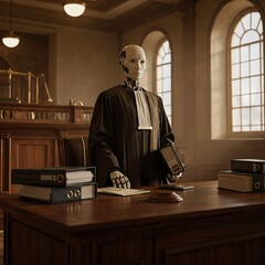 Avvocato Intelliggenza Artificiale in aula di tribunale per il rispetto della legge. Uso dell'intelligenza artificiale nella giurusprudenza