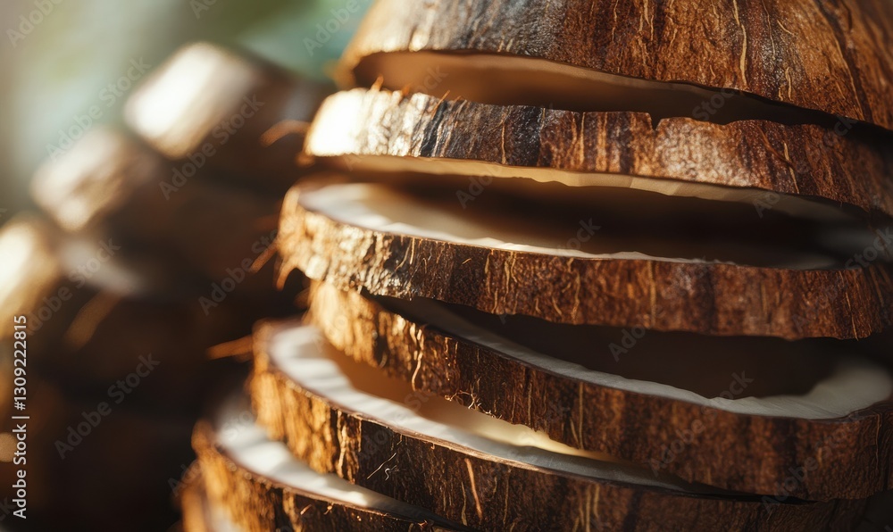 Poster macro shot of stacked coconut slices with textured surfaces illuminated by soft natural light creati