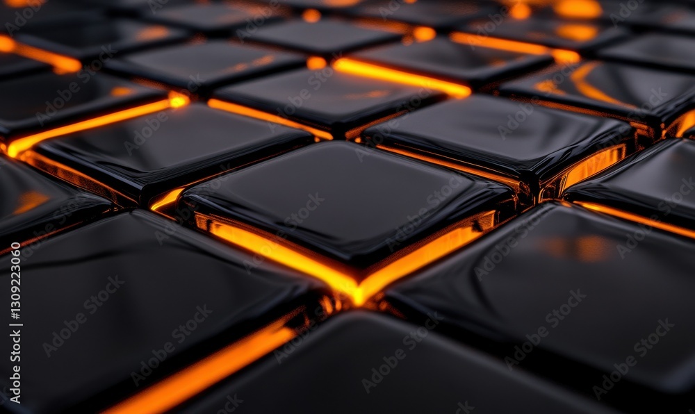 Poster macro view of glossy black tiles with glowing orange edges illuminated by dramatic gradient lighting