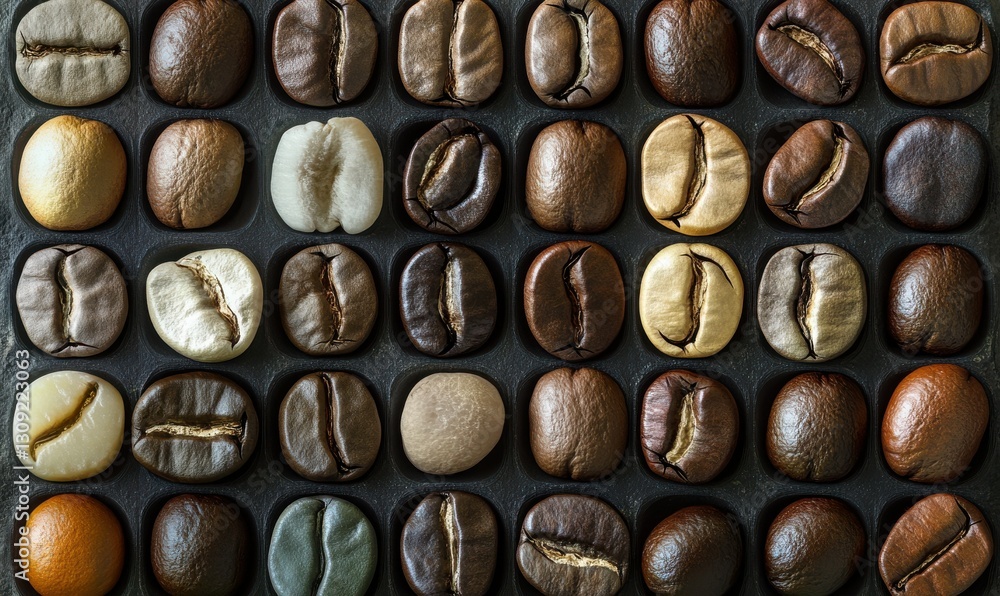 Poster macro view of fresh coffee beans arranged in a sleek grid, illuminated by warm natural light emphasi