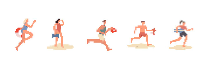 Fototapeta premium Pixel art style shows people running, exercising, and enjoying outdoor activities, enhancing a retro feel.