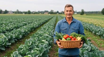 Caucasian man holding basket of fresh vegetables in cabbage field. Organic farming and local produce concept. Sustainable agriculture and healthy eating lifestyle.