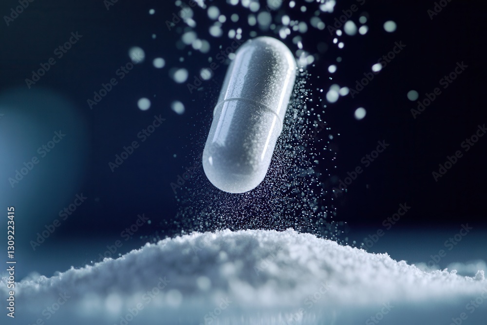 Poster macro shot capturing fine powder flowing from a half open pill in a cinematic and softly blurred pha