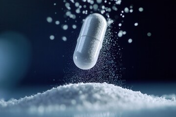 Macro shot capturing fine powder flowing from a half open pill in a cinematic and softly blurred pharmaceutical setting