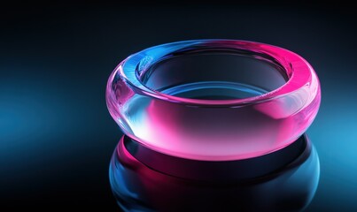 Minimalist neon circle in vibrant pink and blue tones, floating against a dark reflective surface for a futuristic and sleek design