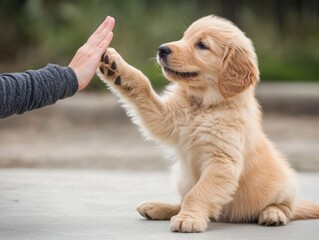 Golden retriever puppy giving paw high-five outdoors