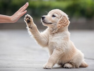 Golden retriever puppy giving high five outdoors