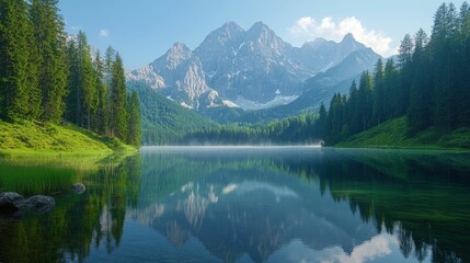 Serene mountain lake reflects majestic peaks.