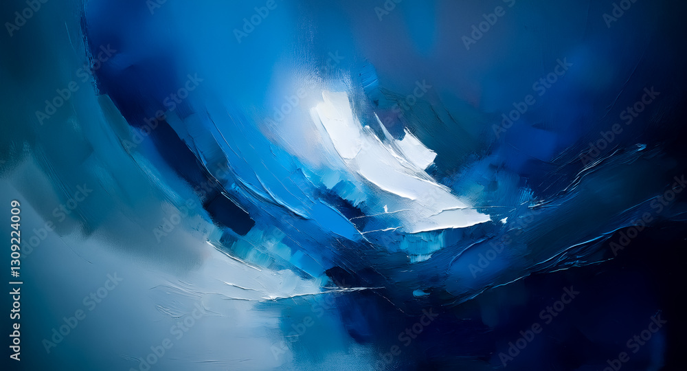 Poster abstract artwork featuring dynamic brushstrokes in varying shades of blue, creating a sense of depth