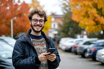 Fototapeta premium Smiling Caucasian young adult man in parking lot near car with smartphone