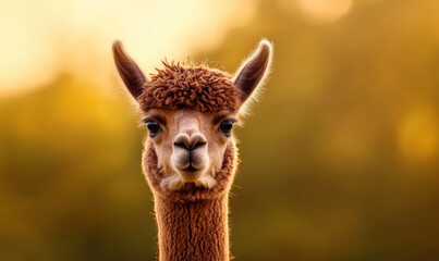 Obraz premium Captivating Portrait of a Cute Alpaca: A Heartwarming Moment Amidst Nature's Golden Glow