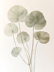 Watercolor painting of delicate green leaves on white background