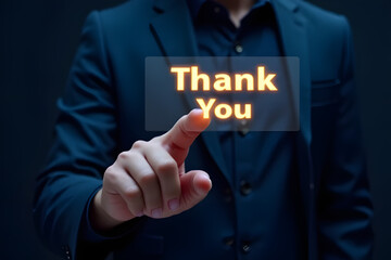 Hand Pointing at Transparent Overlay with 'Thank You' Message in Bright Orange Text Against a Dark Background