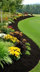 Obraz premium A vibrant and colorful flower garden beautifully borders a lush, green lawn, all set against a tranquil landscape under a bright, sunny sky
