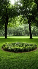 Naklejka premium On a peaceful day, a lush green park features a beautifully designed circular flower bed, encircled by majestic, towering trees
