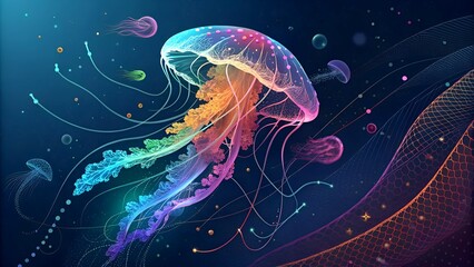 Fototapeta premium A glowing, multicolored jellyfish with flowing tentacles in a deep-sea fantasy setting. A surreal and artistic representation of marine life.