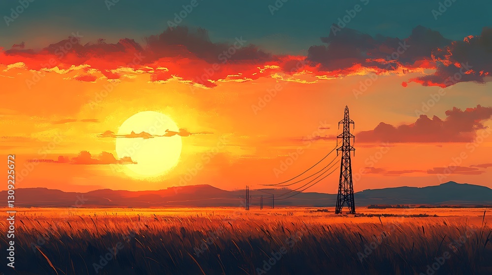 Poster sunset over field with power lines in background; stock photo