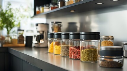 A clean row of glass jars filled with colorful spices styled in a modern kitchen. background