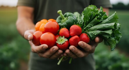 Farmer holding fresh organic produce in hands. Locally grown tomatoes, strawberries, and leafy greens. Sustainable agriculture and healthy eating concept. Farm-to-table movement.