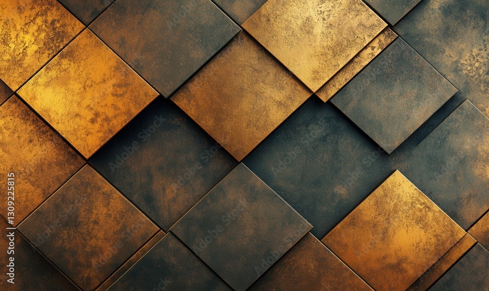 Poster textured abstract background of rustic golden and copper tiles arranged in a geometric pattern, soft