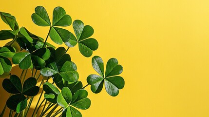 A vibrant yellow background filled with lush green clovers, perfect for a Saint Patricks Day advertisement.