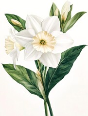 White narcissus flowers blooming with green leaves