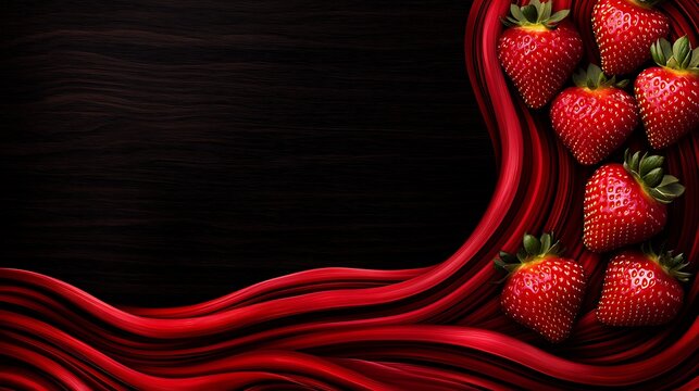 Strawberries on red fabric against dark wood, used for food blog headers