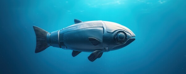 Fototapeta premium Ocean conservation pollution research concept. A robotic fish swims gracefully underwater, resembling a real fish while showcasing advanced technology in an oceanic environment.