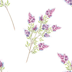 Naklejka premium Lilac flowers sprigs with leaves. Botanical seamless pattern. Hand drawn watercolor illustration isolated. Syringa blooming. Summer background. Floral purple print. Template for wallpaper, textile.