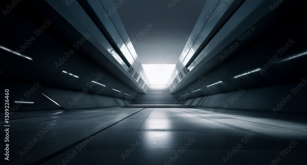 Leinwandbilder sleek futuristic corridor with geometric shapes and illuminated end. dark tones and bright light cre
