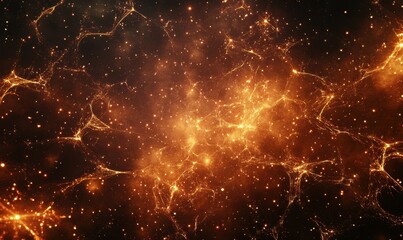 Vibrant fireworks bursting in a dark night sky, creating intricate patterns of gold and red, illuminated by glowing sparks for a celebratory atmosphere