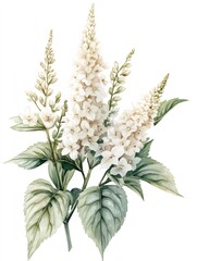 White flowers and green leaves creating a delicate botanical illustration