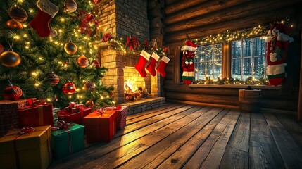A rustic cabin scene with colorful Christmas gift boxes on the wooden floor, a glowing tree adorned with ornaments, red stockings hanging, warm festive lighting, wide-angle perspective.