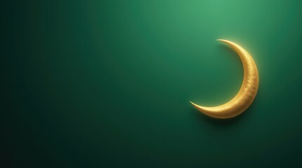 Obraz premium Ramadan Eid al-Fitr mockup, minimalistic golden crescent moon set against a rich emerald green gradient background