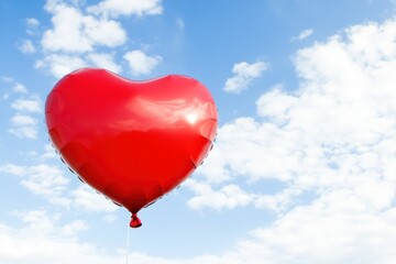 Fototapeta premium Red Heart-Shaped Balloon Against Blue Sky with Fluffy Clouds