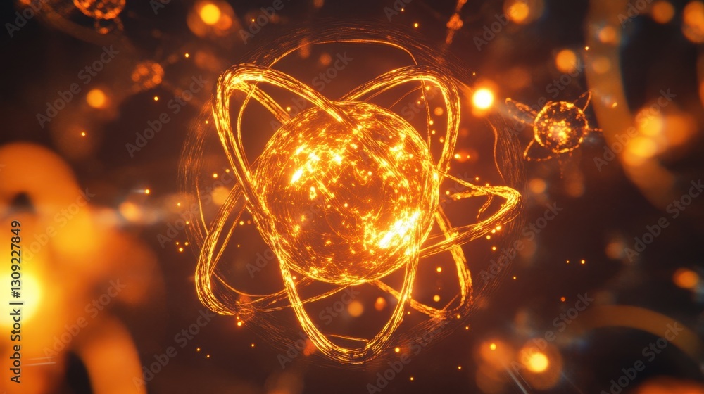 Poster conceptual atomic network with particle bonds, glowing softly in a dark scientific background.