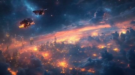 Spaceships fly over illuminated city, cloudy sky