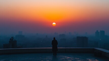 Fototapeta premium Silhouette of Person at Sunset Over Cityscape