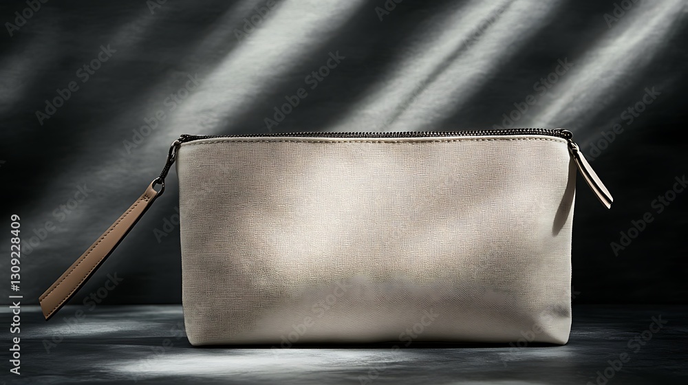 Poster textured pouch with handle on dark surface with light for cosmetics use